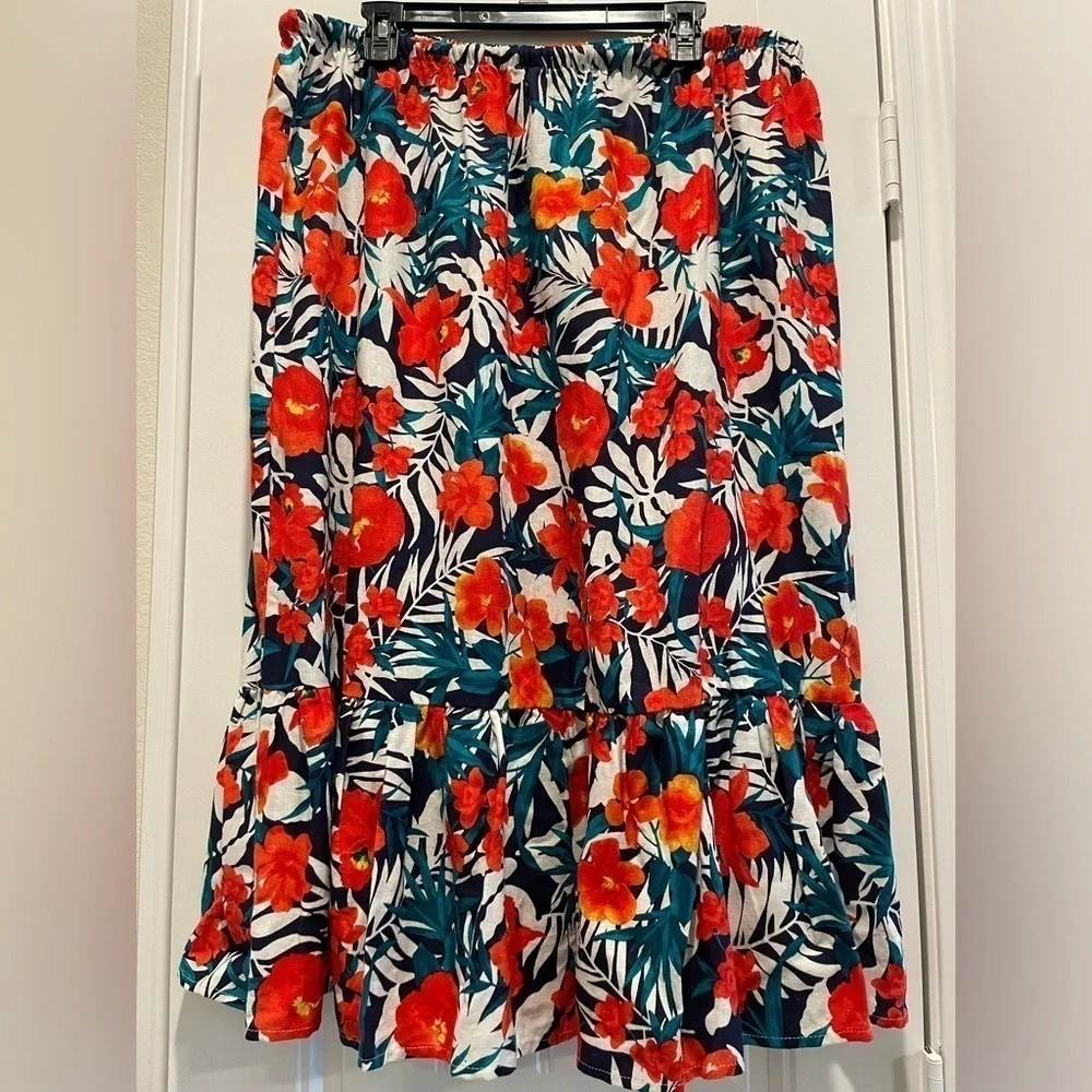 Jessica London Women Midi Skirt Size 24 Red Linen Blend Floral Coastal Grandma